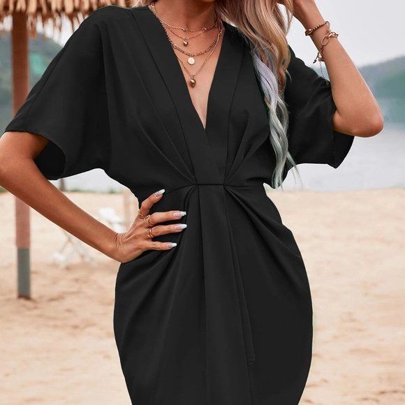 Black Boho Womens Solid Ruched Front Batwing Sleeve Dress - Picture 4 of 4